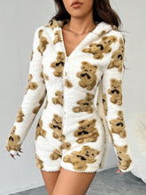 Fluffy Women's Cute Bear Print Hooded Jumpsuit